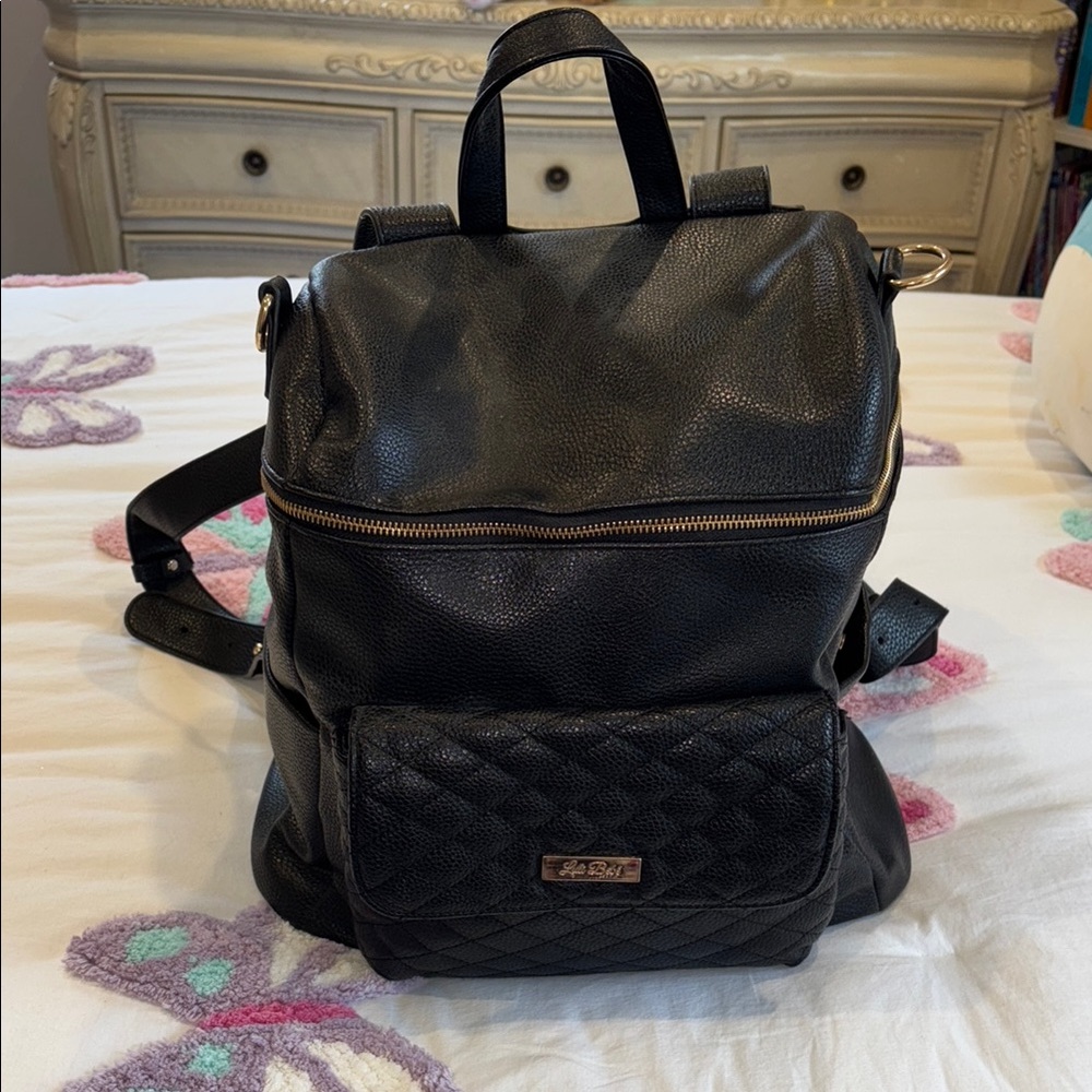 Black Leather Diaper Backpack with Gold Accents